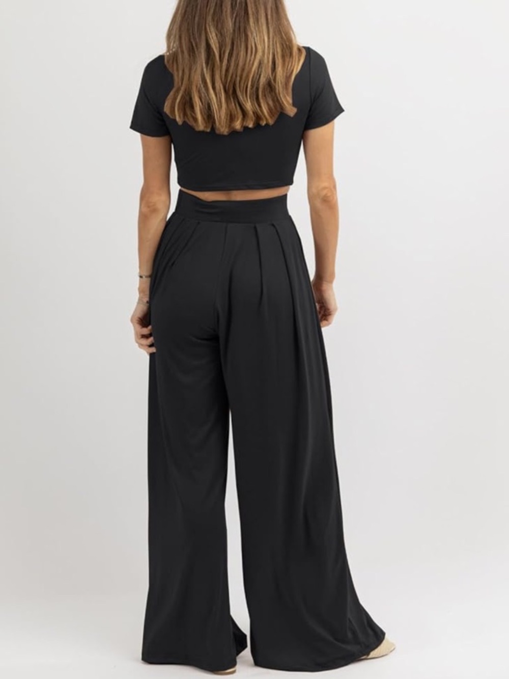 High-Waist Black Pleated Wide-Leg Pants two piece set with top